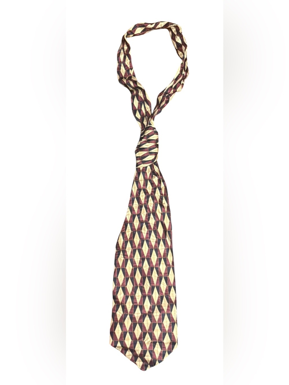 Vintage 100% Silk Geometric Necktie Burgundy Navy Gold Retro Mens
